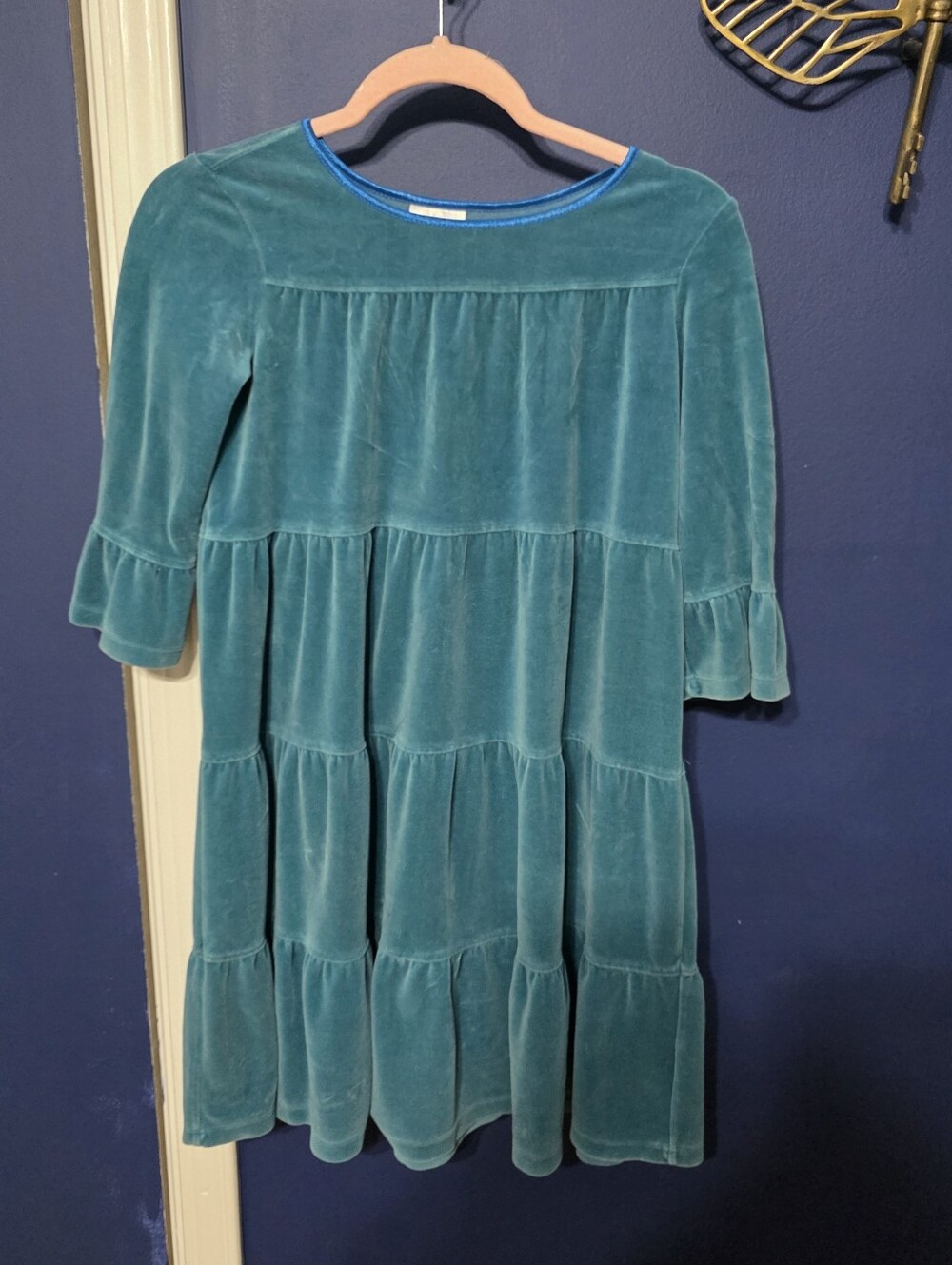 Hanna Andersson Teal Green Velour Tiered Ruffle Dress Girls Sz 140 Cm/ US Sz 10